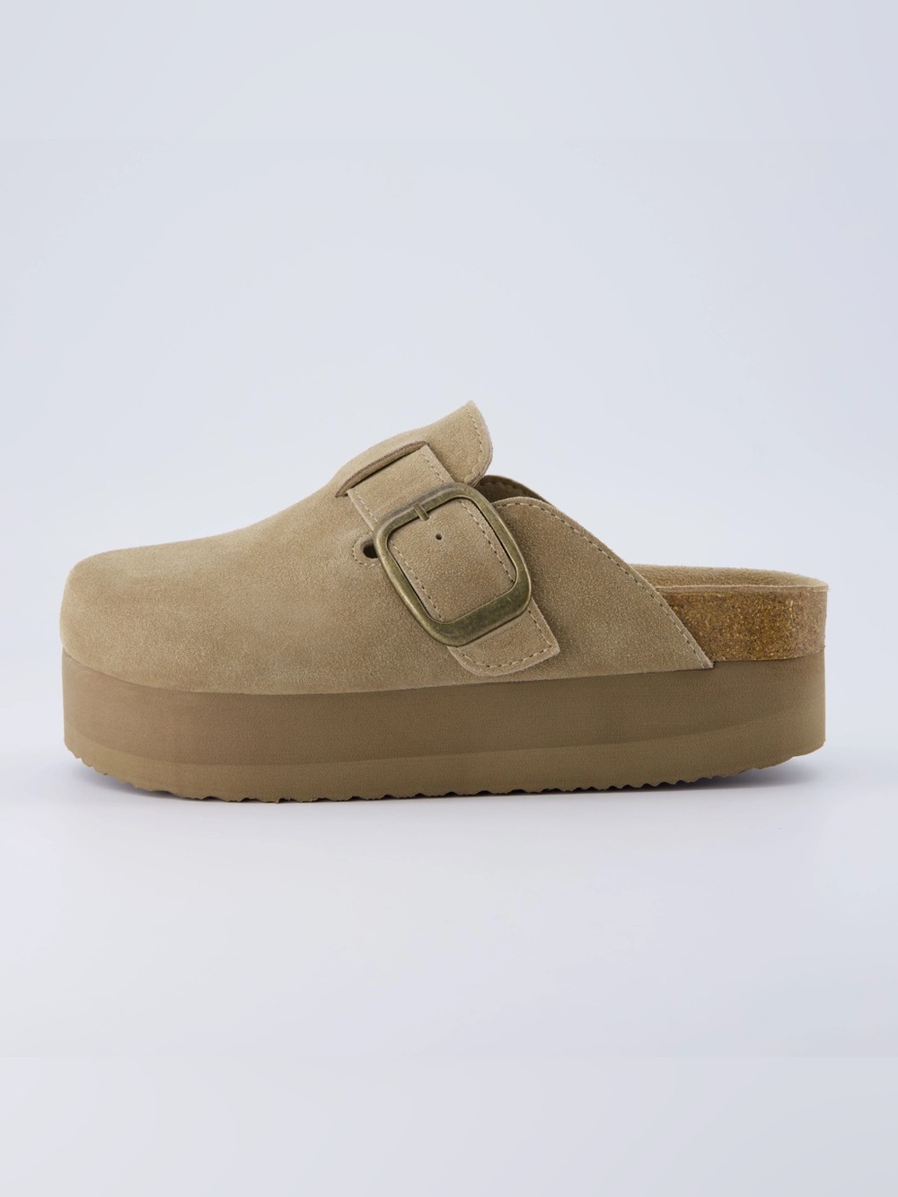Cushioned Suede Slip-On Mule with Buckle in Tan
